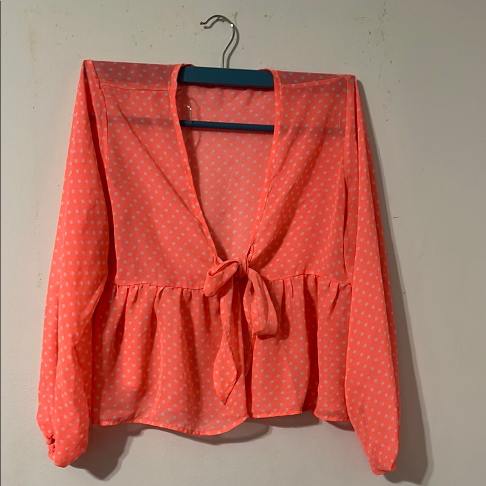 Pink Tie-Front Peplum Blouse with 3/4 Sleeves